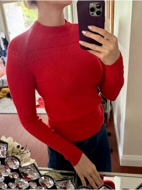 Carven Paris Red Textured Knit Sweater Mock Neck Structured XS/S